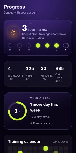 Progress screen with streak, weekly goal and training calendar