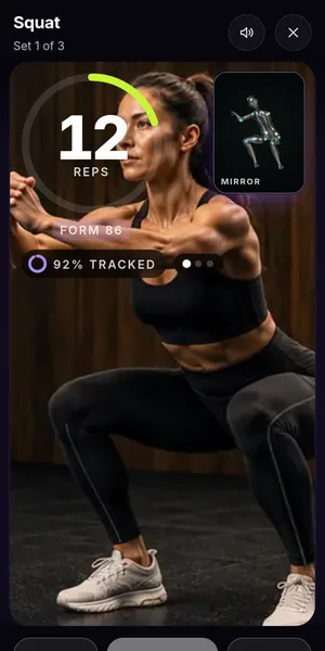 Workout screen counting 12 squats with a live form score